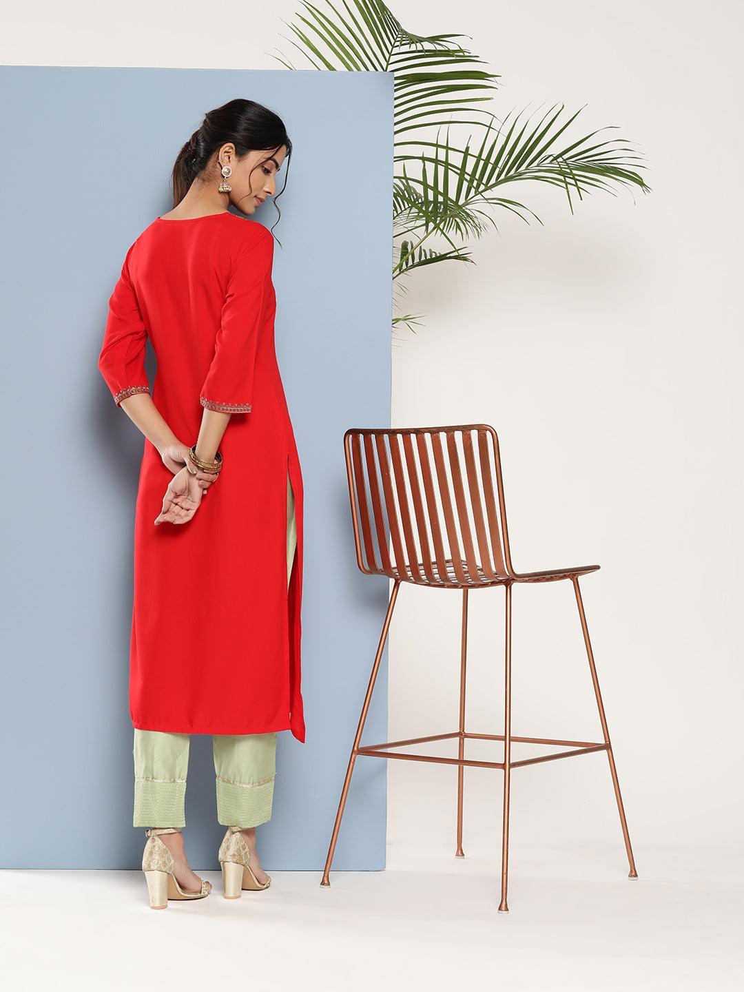 Red Yoke Design Rayon Straight Kurta