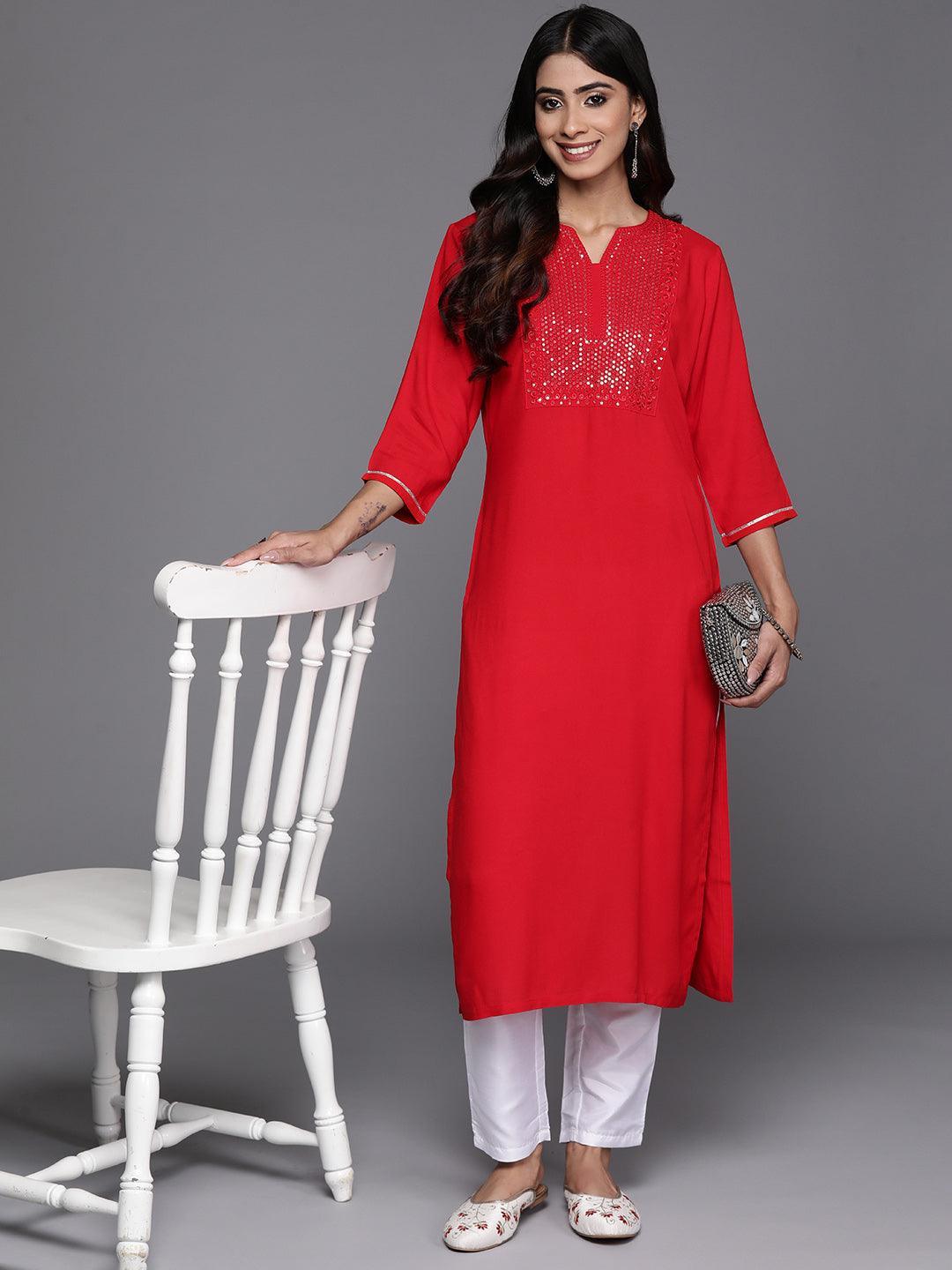 Red Yoke Design Rayon Straight Kurta - Libas