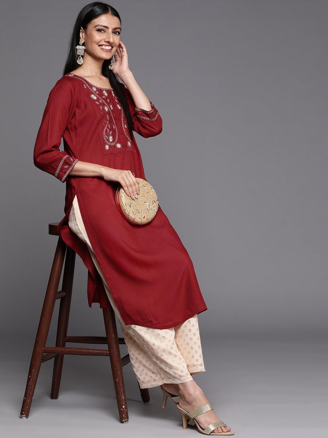 Red Yoke Design Rayon Straight Kurta