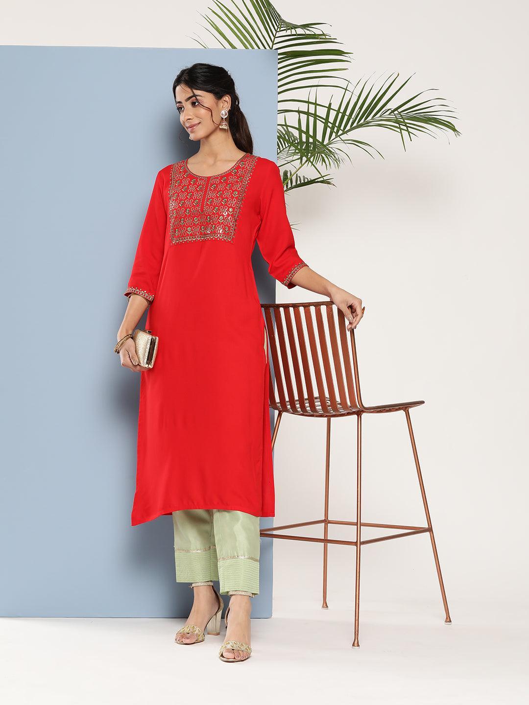 Red Yoke Design Rayon Straight Kurta