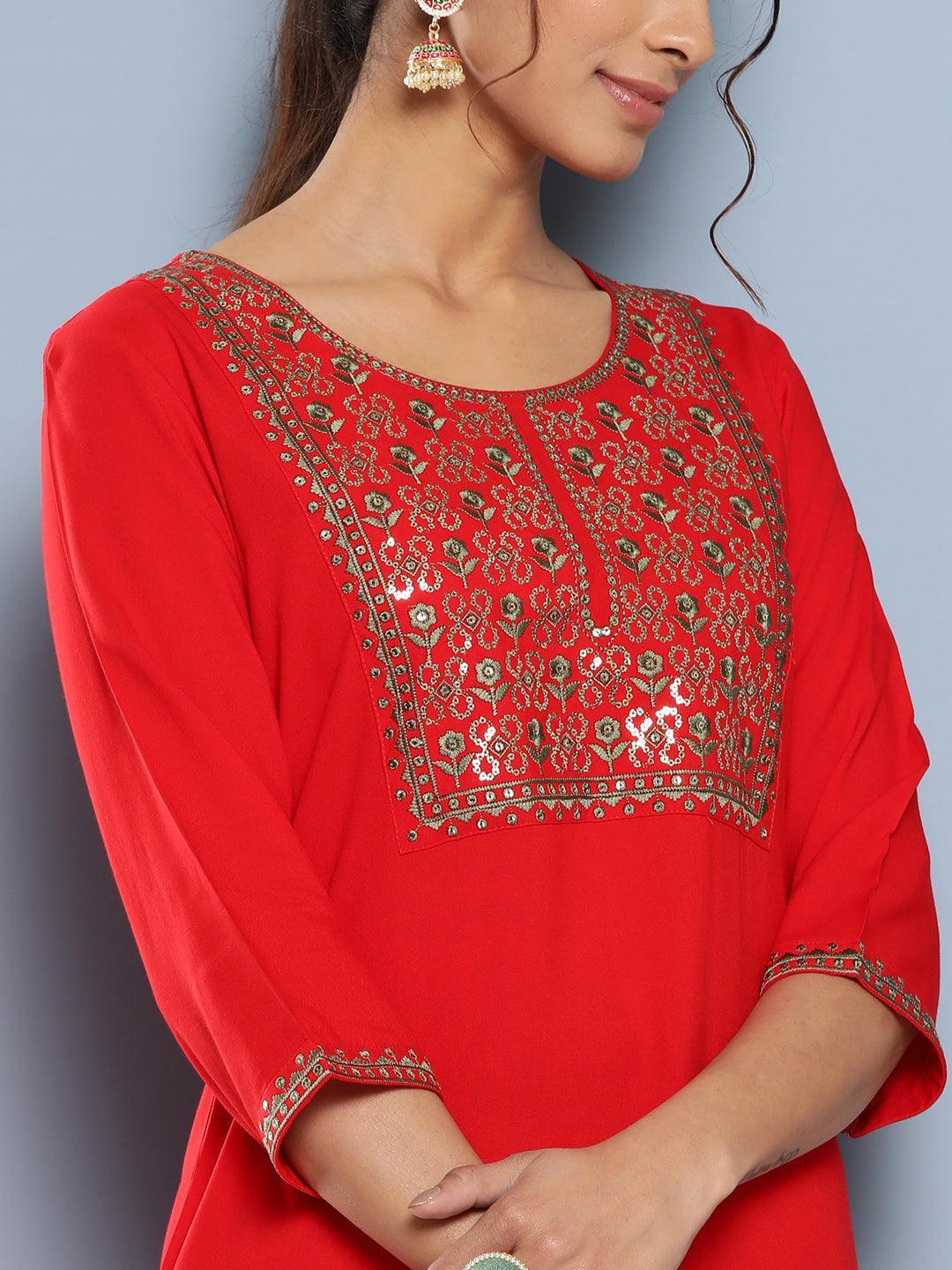 Red Yoke Design Rayon Straight Kurta