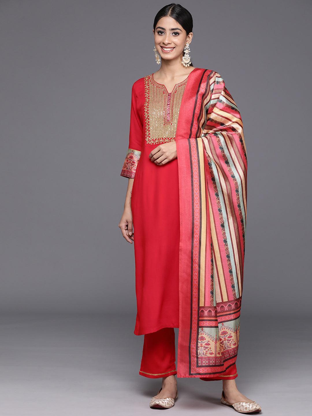 Red Yoke Design Rayon Straight Kurta With Trousers & Dupatta