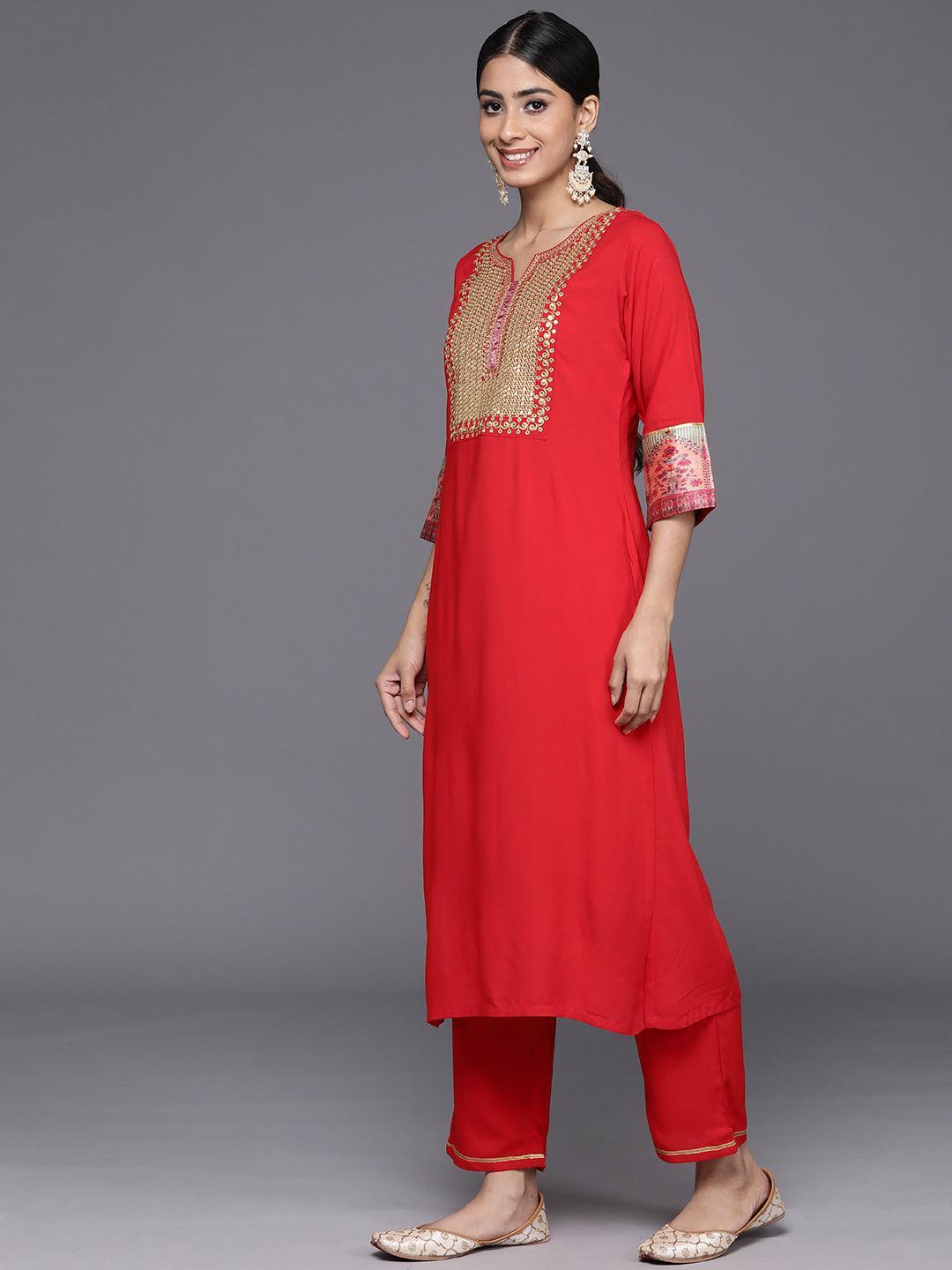 Red Yoke Design Rayon Straight Kurta With Trousers & Dupatta