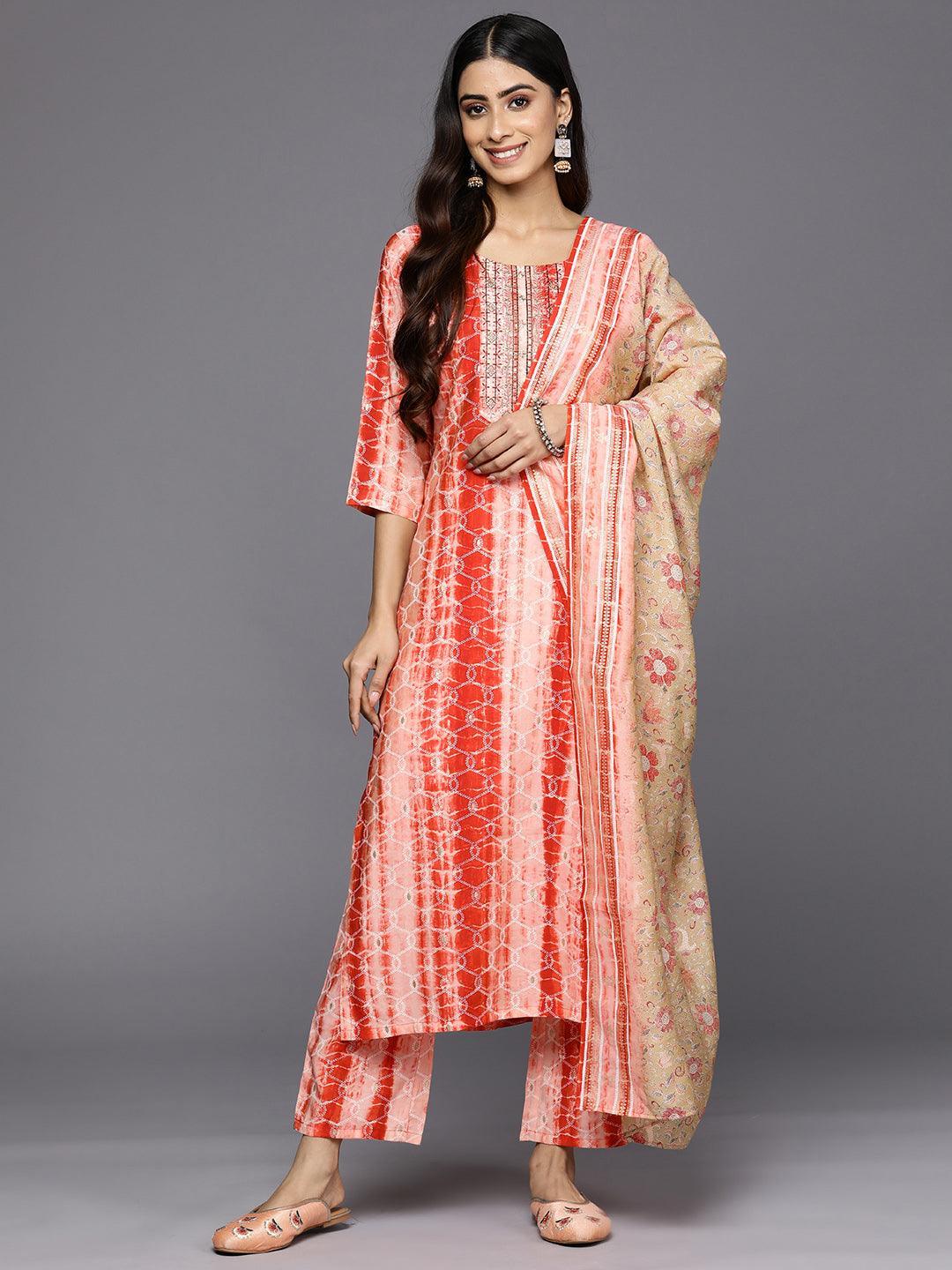 Red Yoke Design Silk Blend Straight Suit Set With Trousers