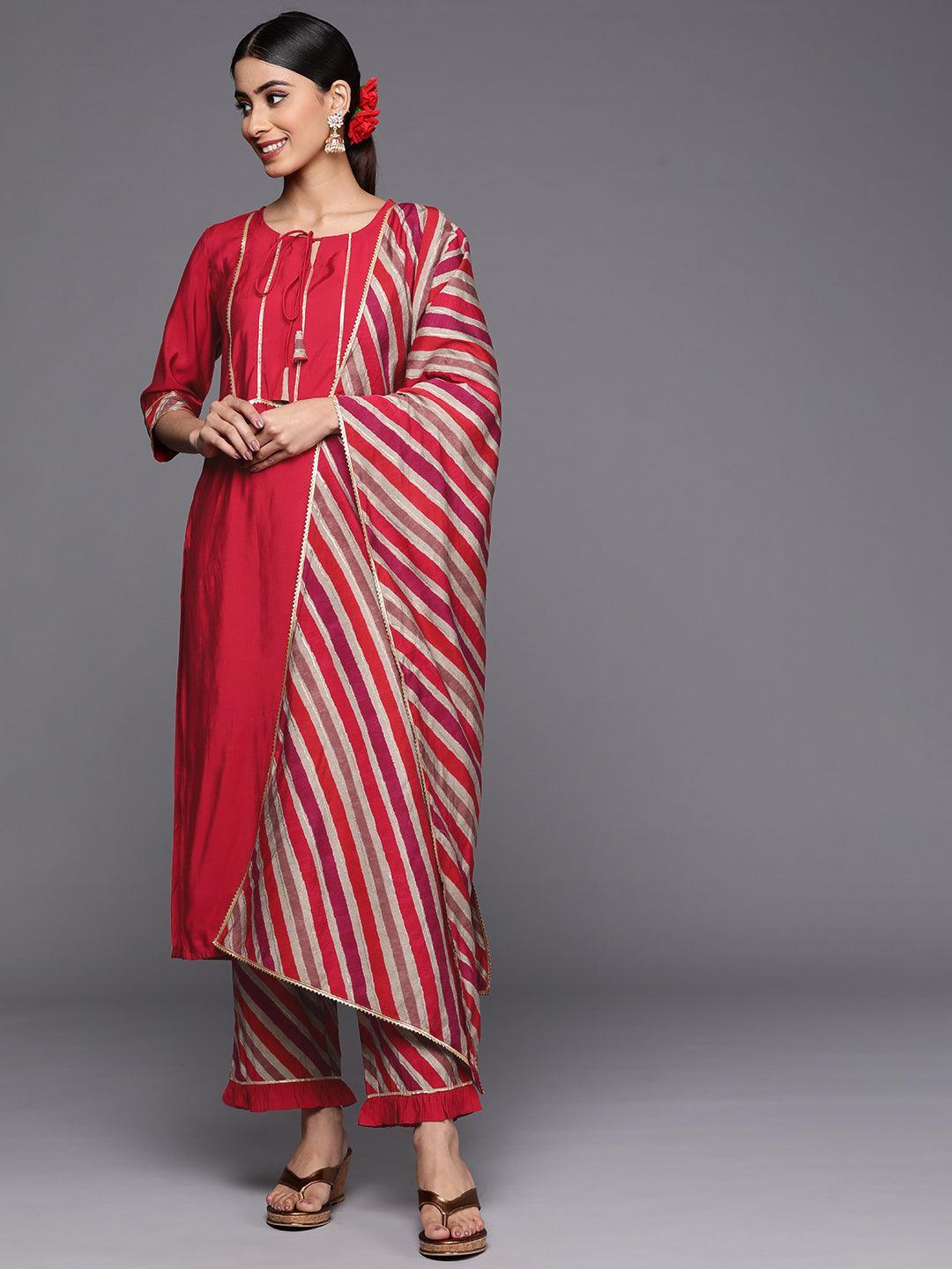 Red Yoke Design Silk Blend Straight Suit Set With Trousers