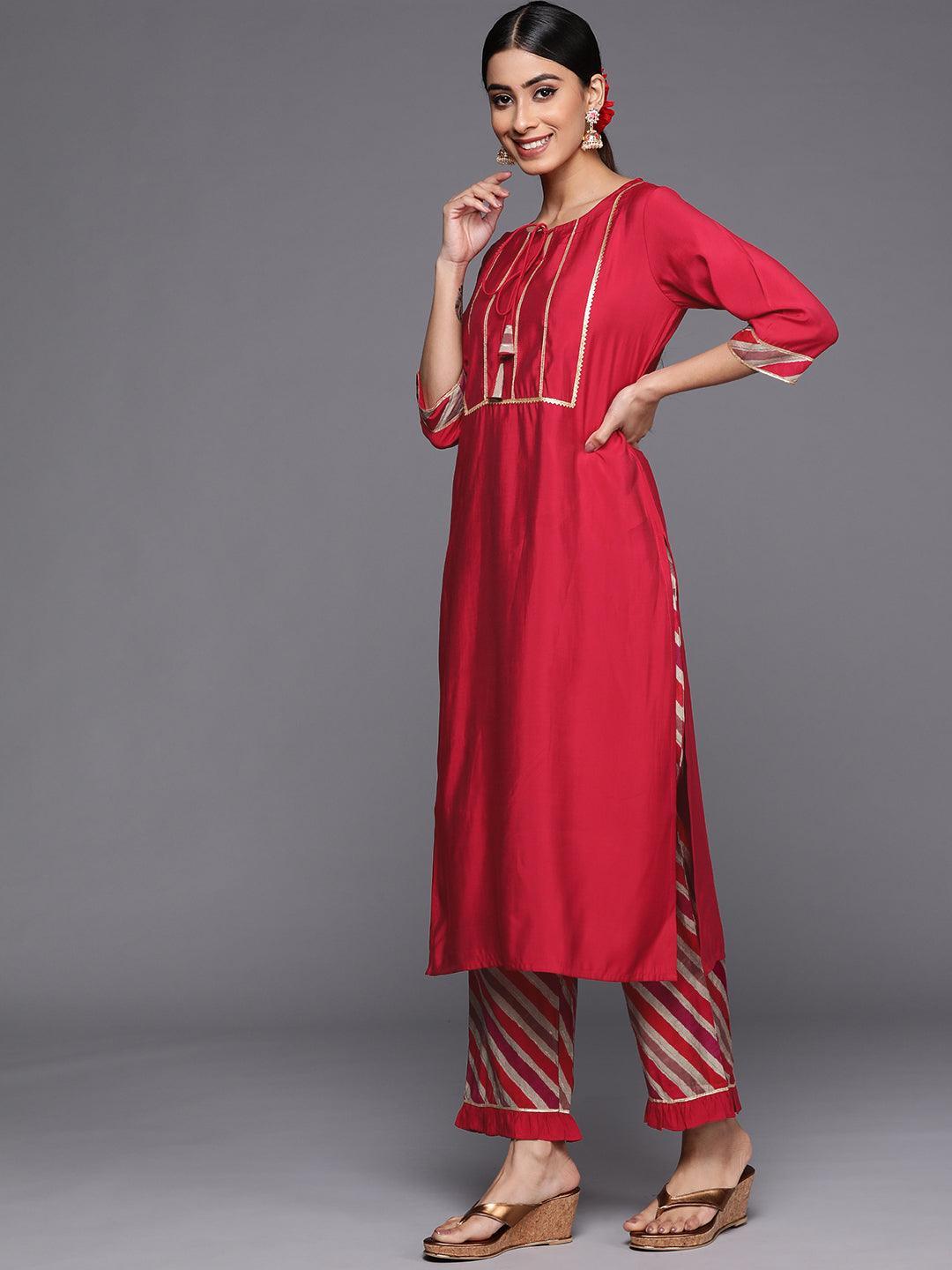 Red Yoke Design Silk Blend Straight Suit Set With Trousers