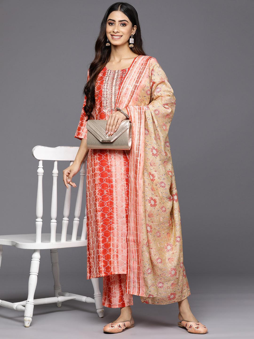 Red Yoke Design Silk Blend Straight Suit Set With Trousers - ShopLibas