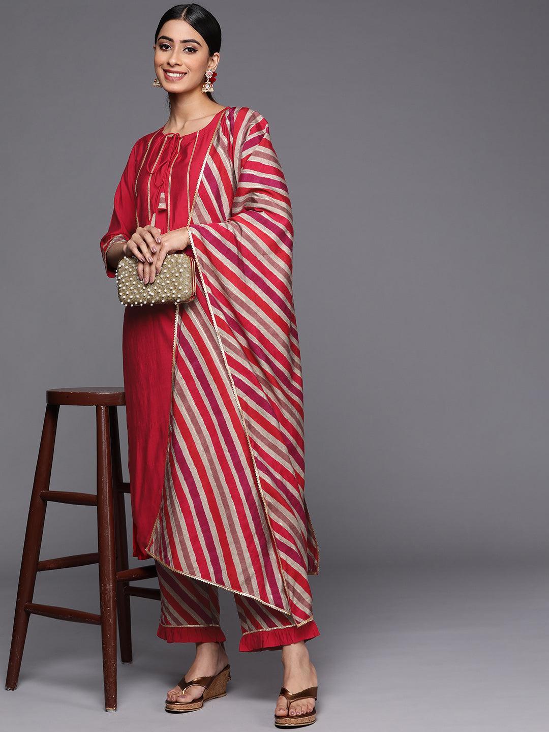 Red Yoke Design Silk Blend Straight Suit Set With Trousers