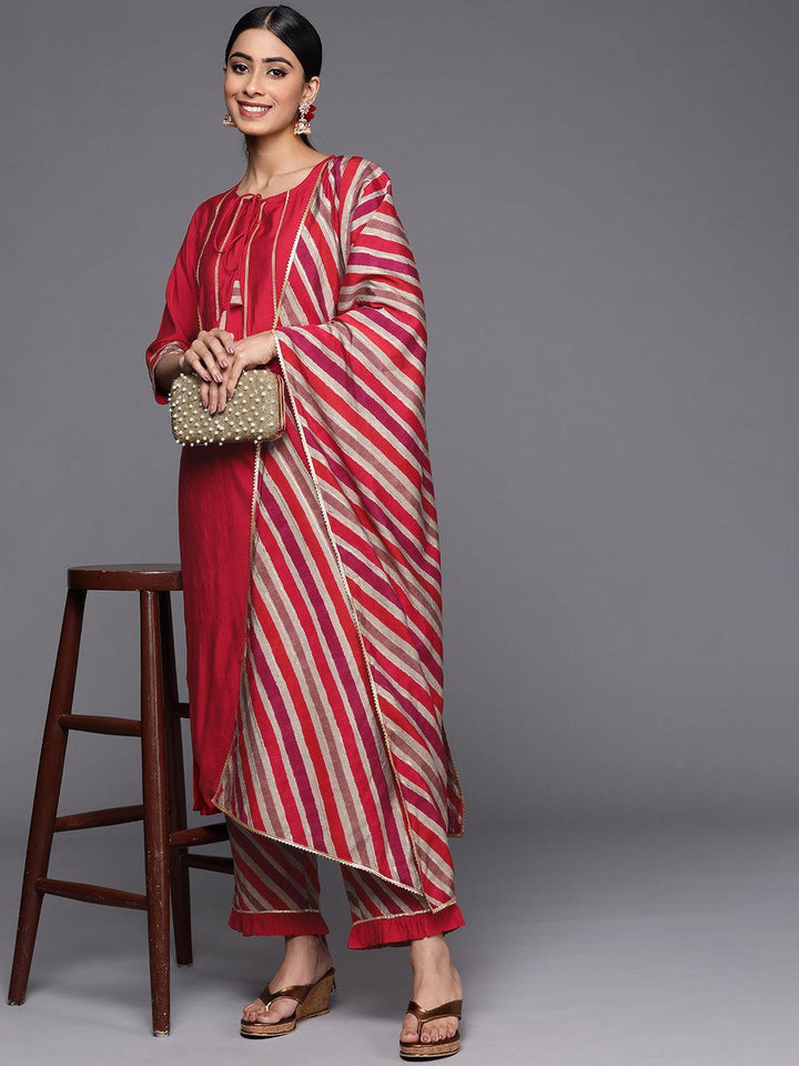 Red Yoke Design Silk Blend Straight Suit Set With Trousers - ShopLibas