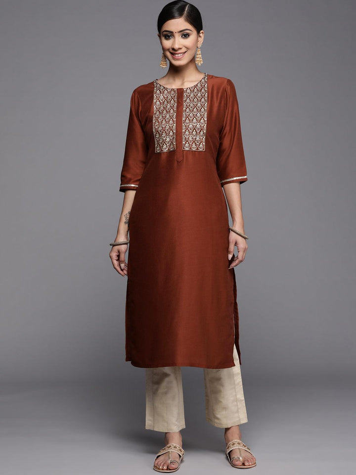 Rust Embroidered Silk Kurta - ShopLibas