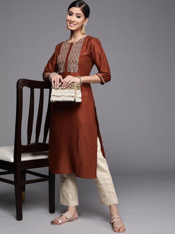 Rust Embroidered Silk Kurta - ShopLibas