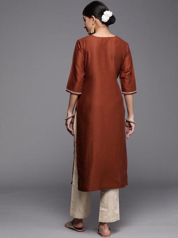 Rust Embroidered Silk Kurta - ShopLibas