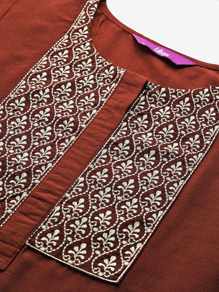 Rust Embroidered Silk Kurta - ShopLibas