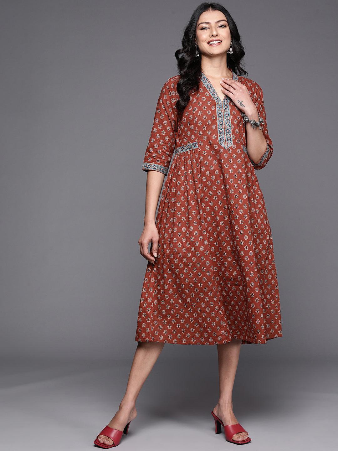 Rust Printed Cotton A-Line Dress