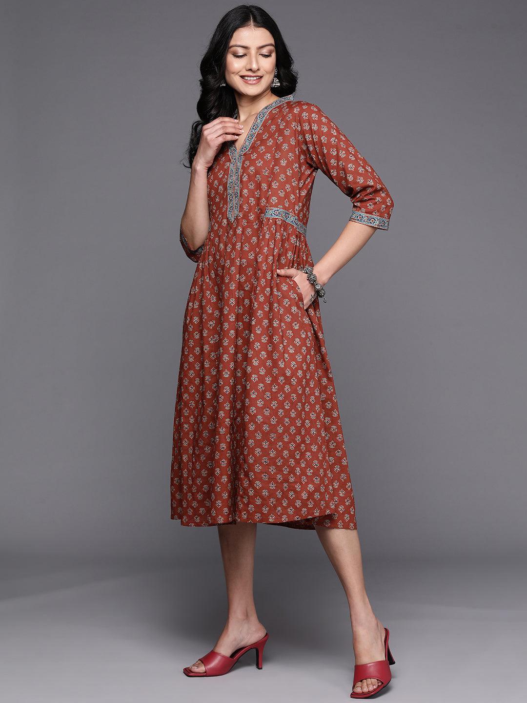 Rust Printed Cotton A-Line Dress