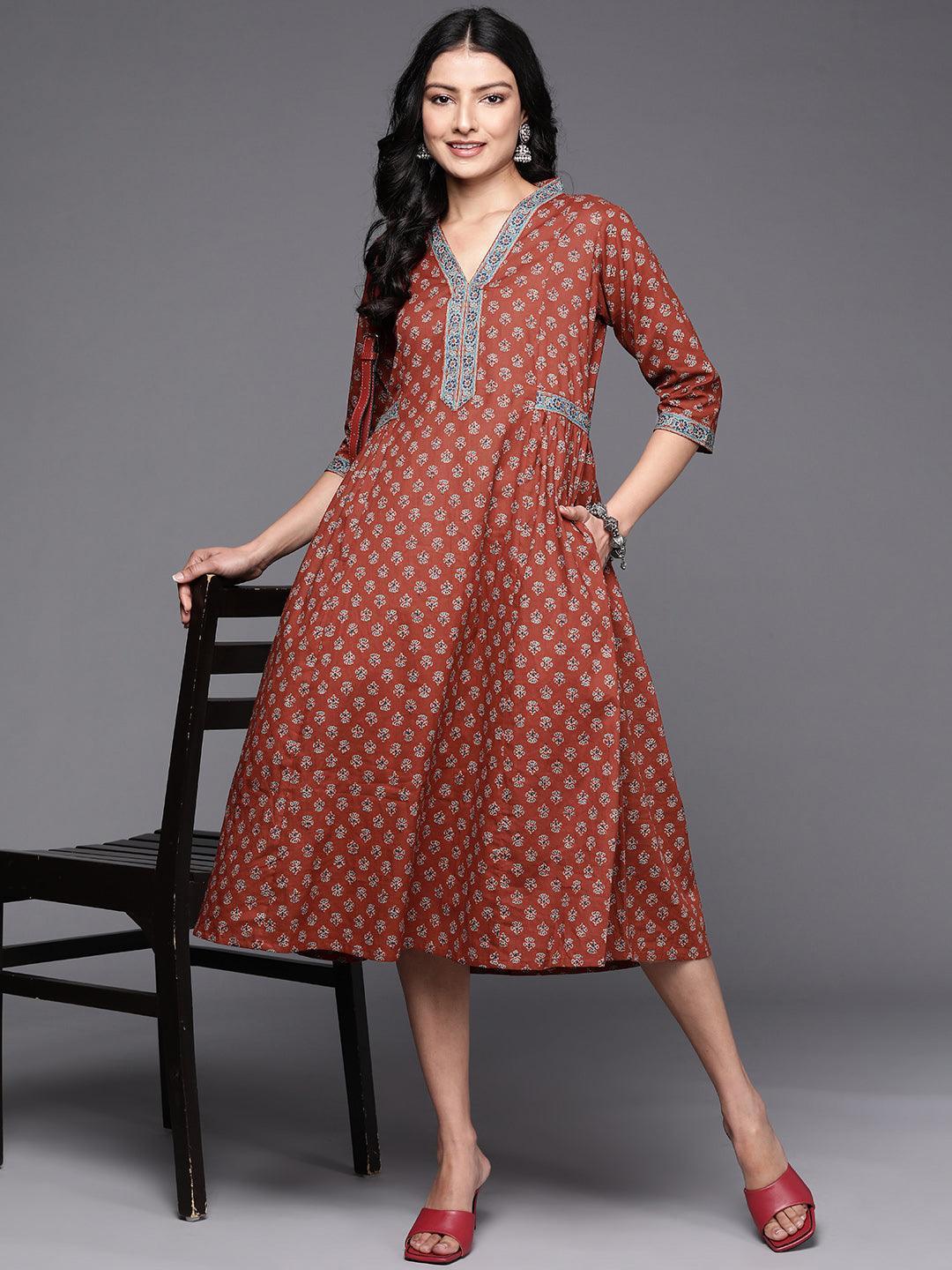 Rust Printed Cotton A-Line Dress