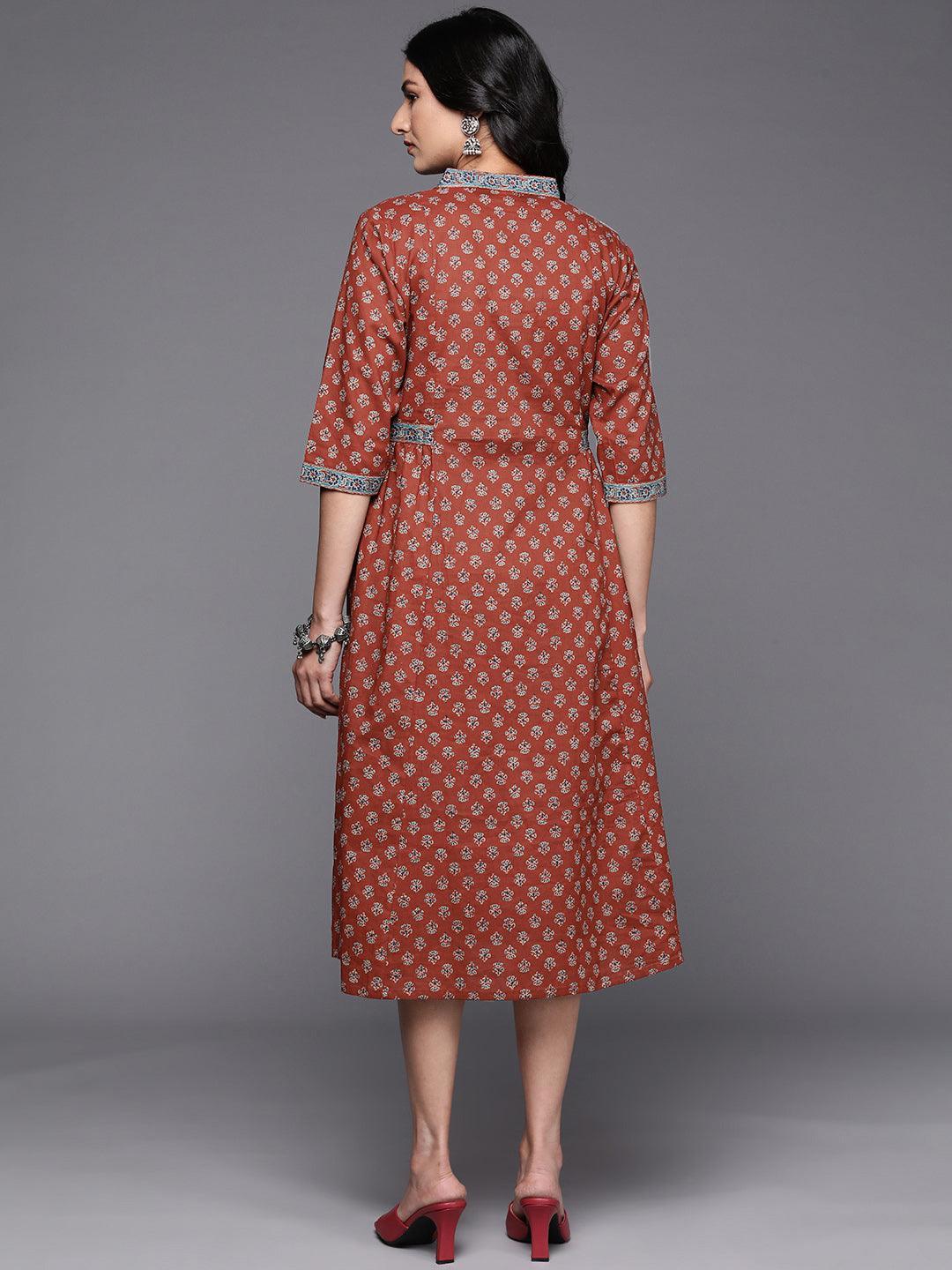 Rust Printed Cotton A-Line Dress