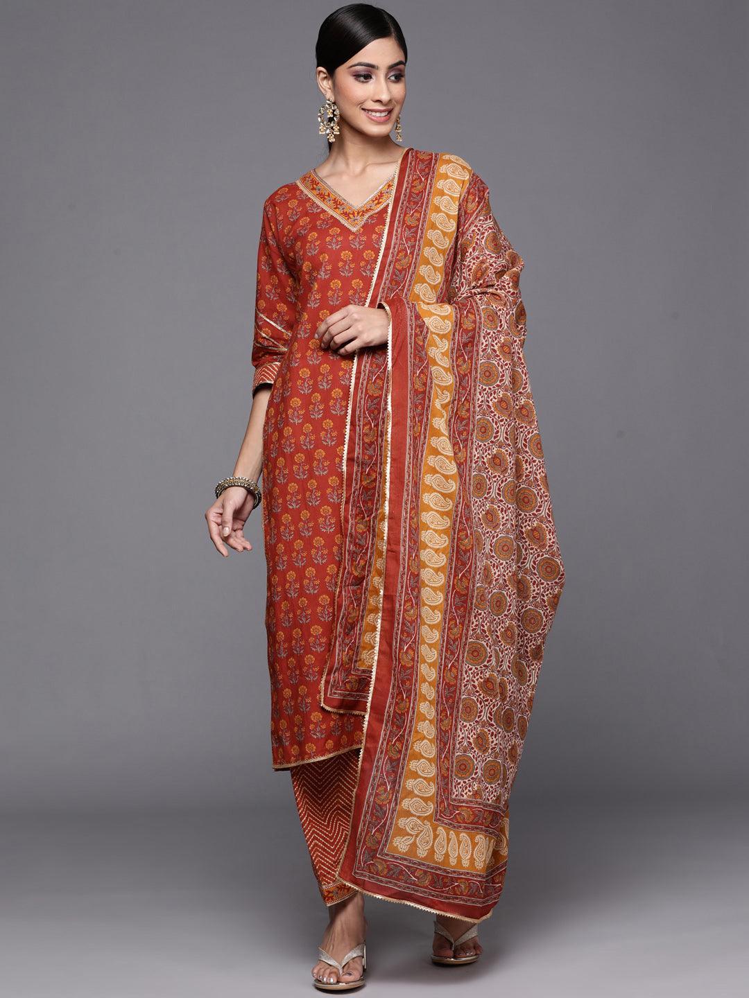 Rust Printed Cotton Straight Suit Set