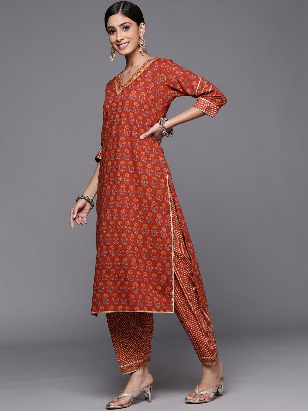 Rust Printed Cotton Straight Suit Set