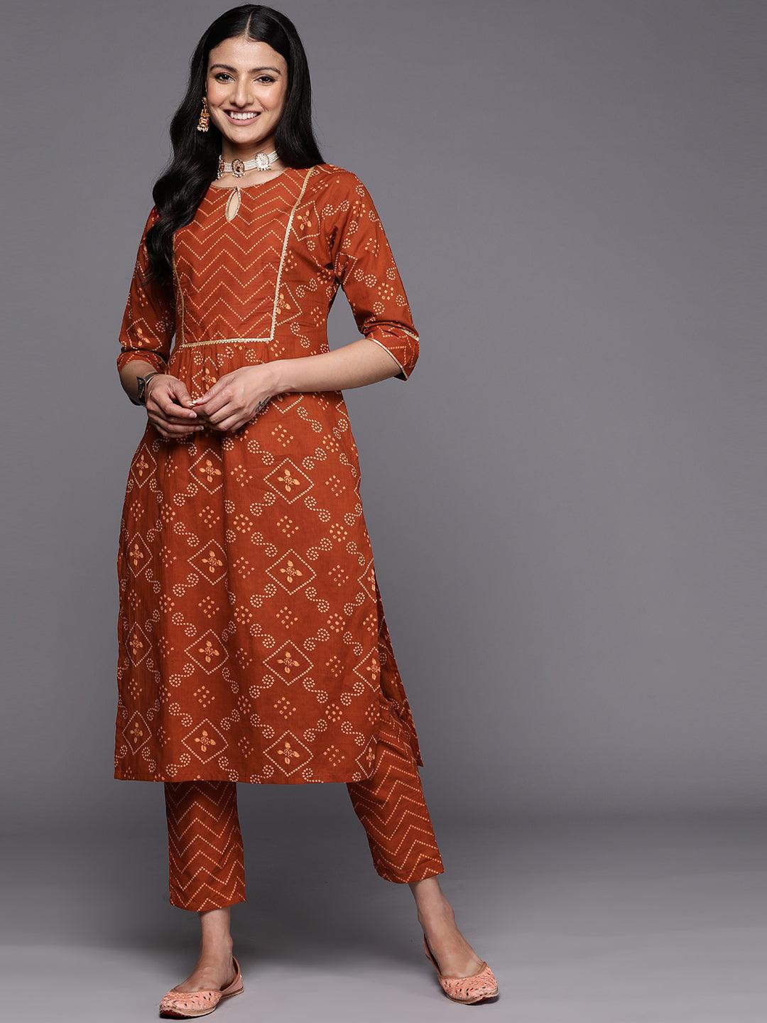 Rust Printed Cotton Straight Kurta Set With Trousers - ShopLibas