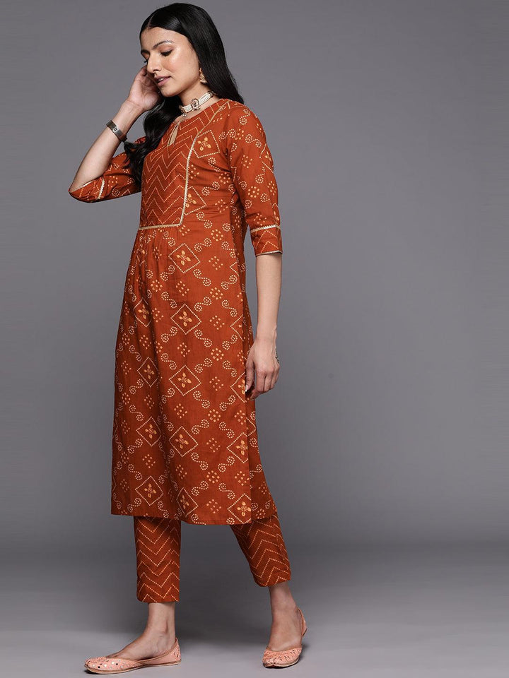 Rust Printed Cotton Straight Kurta Set With Trousers - ShopLibas