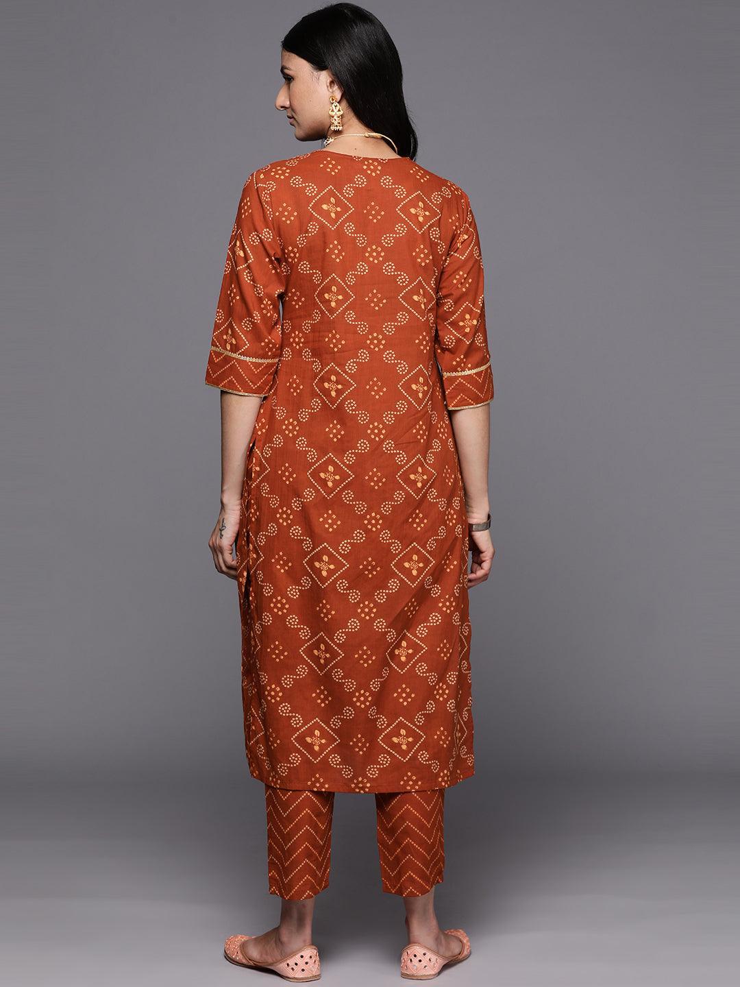 Rust Printed Cotton Straight Kurta Set With Trousers - ShopLibas