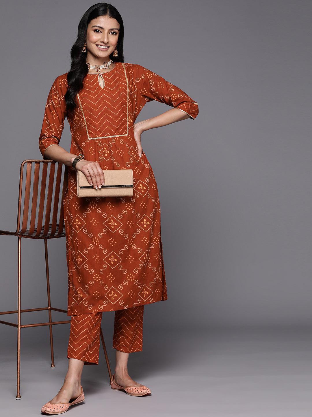 Rust Printed Cotton Straight Kurta Set With Trousers - ShopLibas