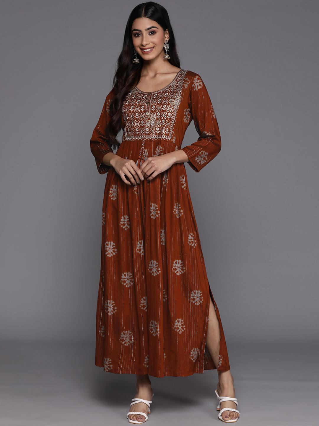 Rust Printed Fit and Flare Rayon Dress