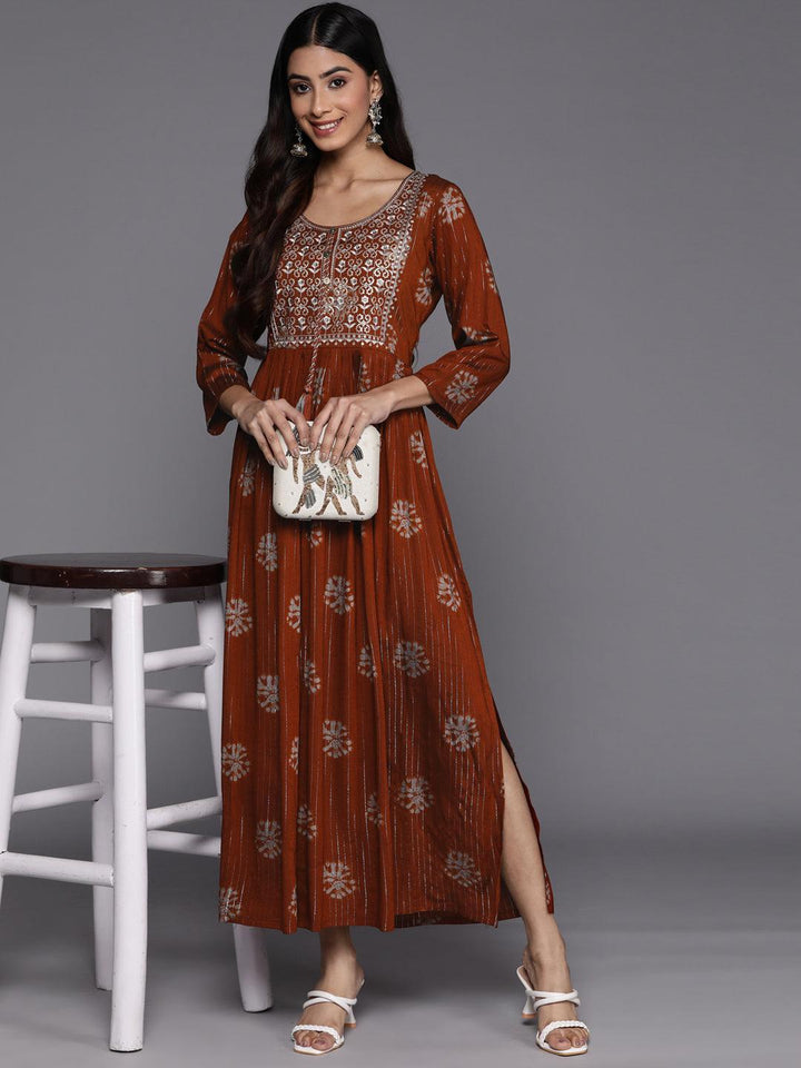 Rust Printed Fit and Flare Rayon Dress - ShopLibas