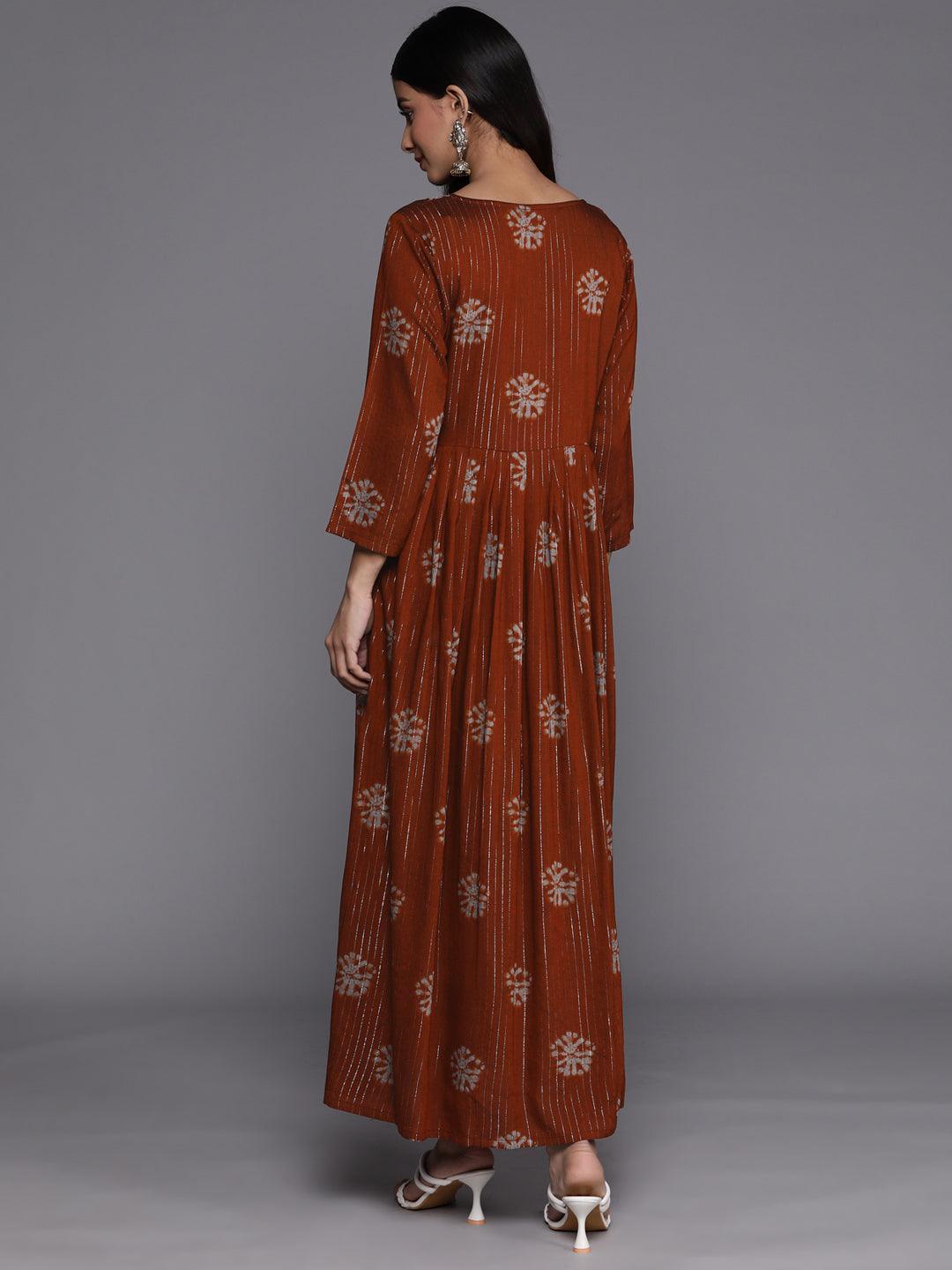 Rust Printed Fit and Flare Rayon Dress - ShopLibas