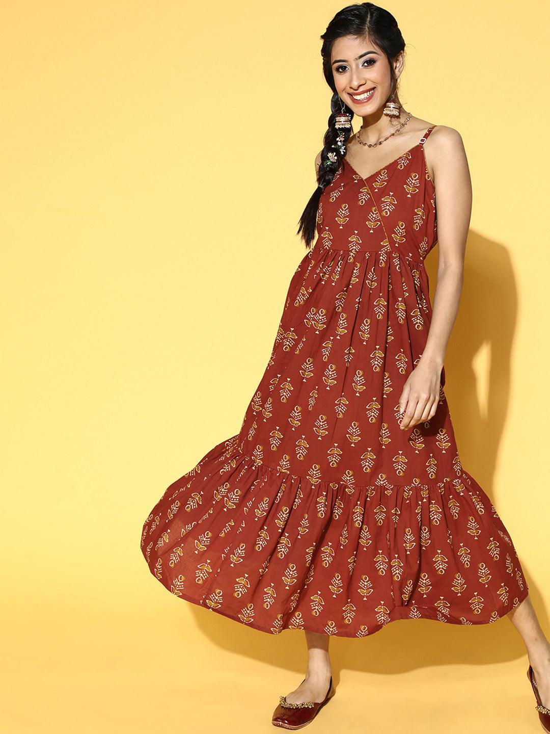 Rust Printed Fit and Flared Cotton Dress