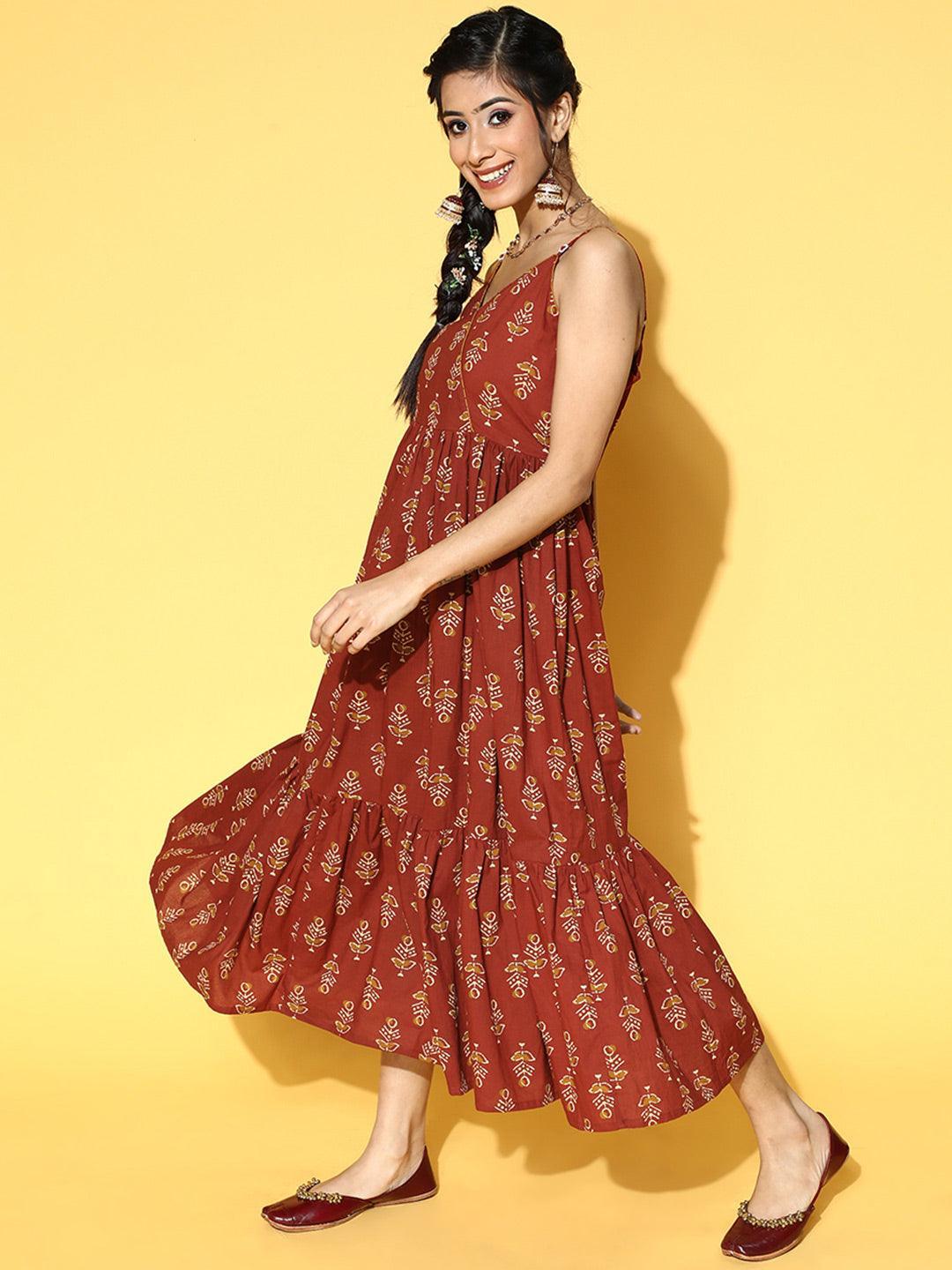 Rust Printed Fit and Flared Cotton Dress