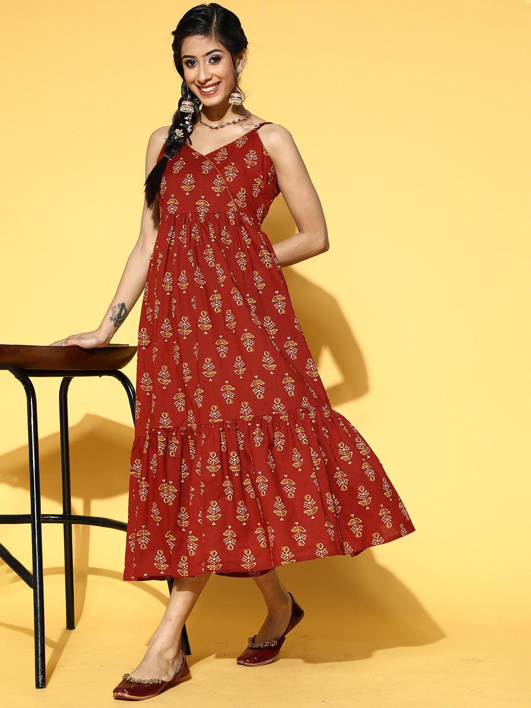 Rust Printed Fit and Flared Cotton Dress