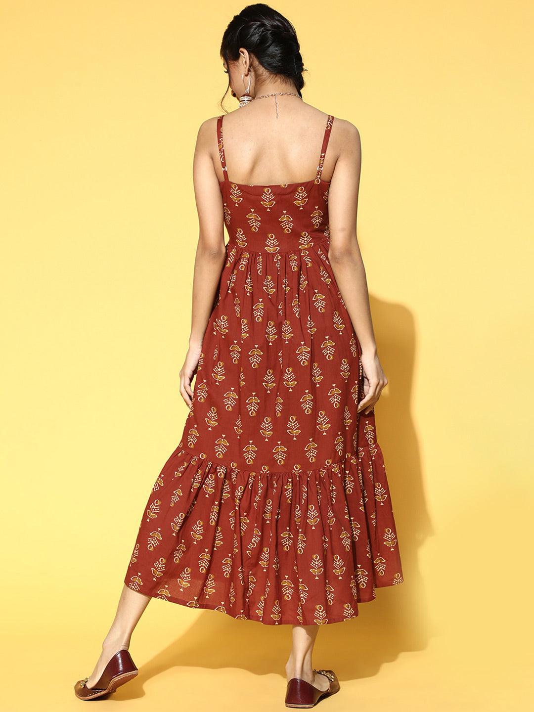 Rust Printed Fit and Flared Cotton Dress