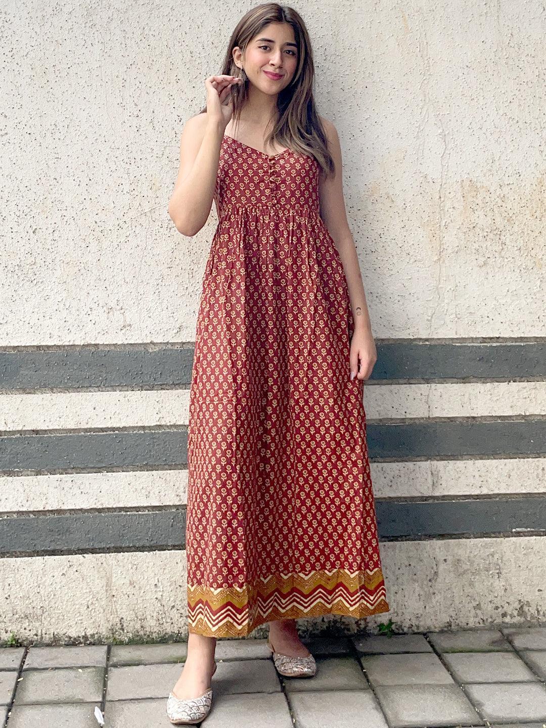 Rust Printed Fit and Flared Cotton Dress