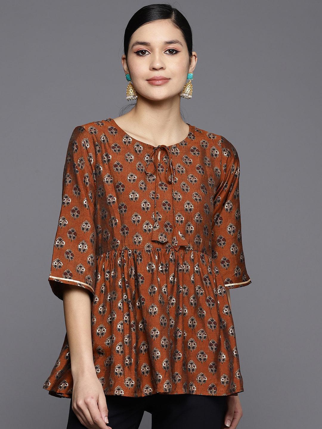 Rust Printed Silk Blend A-Line Kurti - Libas