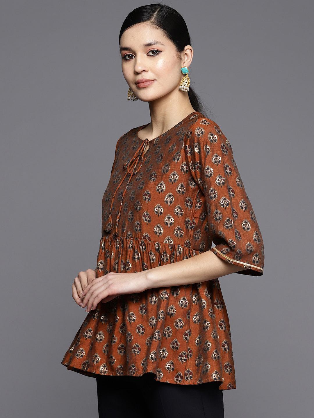 Rust Printed Silk Blend A-Line Kurti