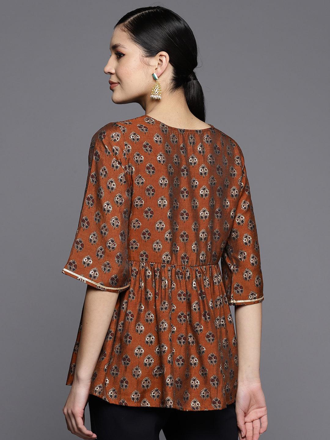 Rust Printed Silk Blend A-Line Kurti