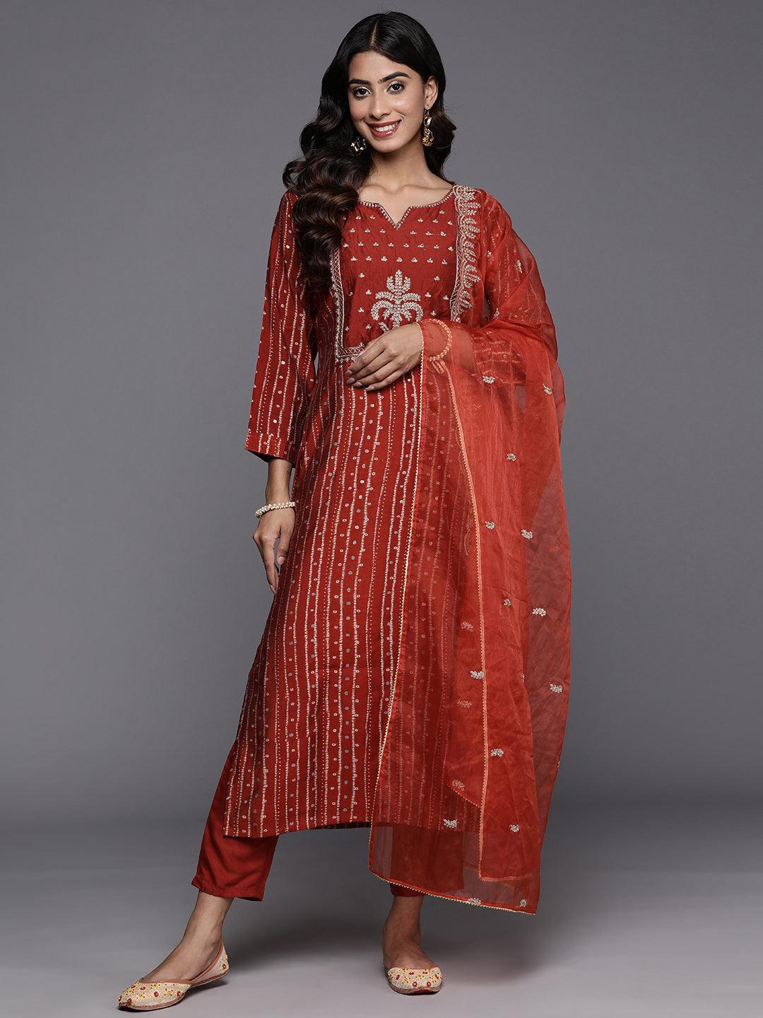 Rust Printed Silk Blend Straight Kurta With Trousers & Dupatta