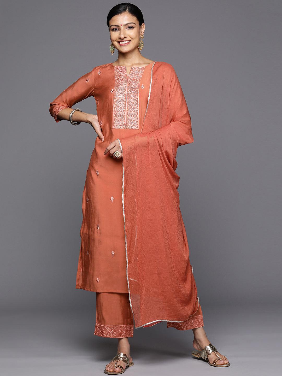 Rust Printed Silk Blend Straight Kurta With Trousers & Dupatta