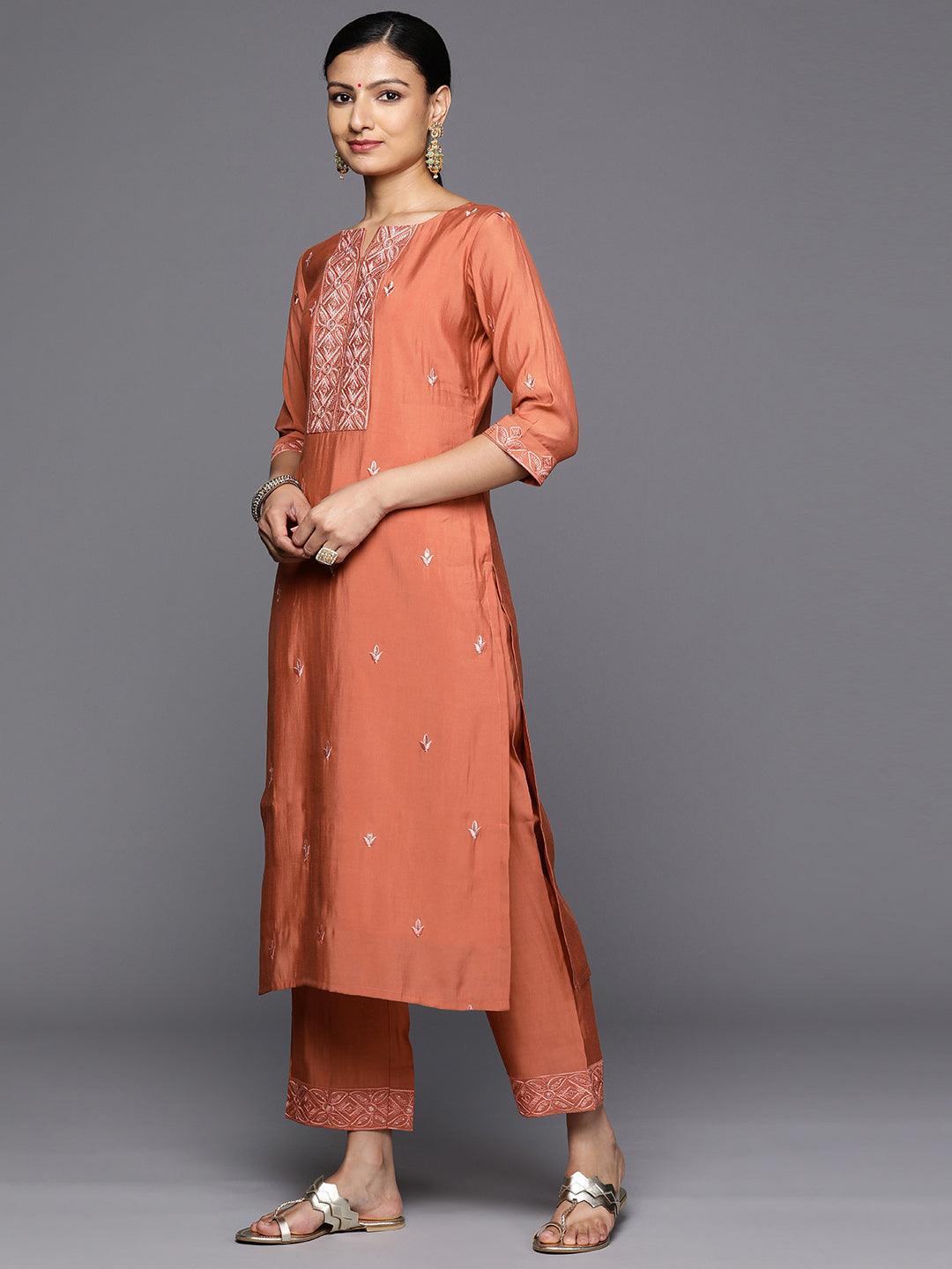 Rust Printed Silk Blend Straight Kurta With Trousers & Dupatta