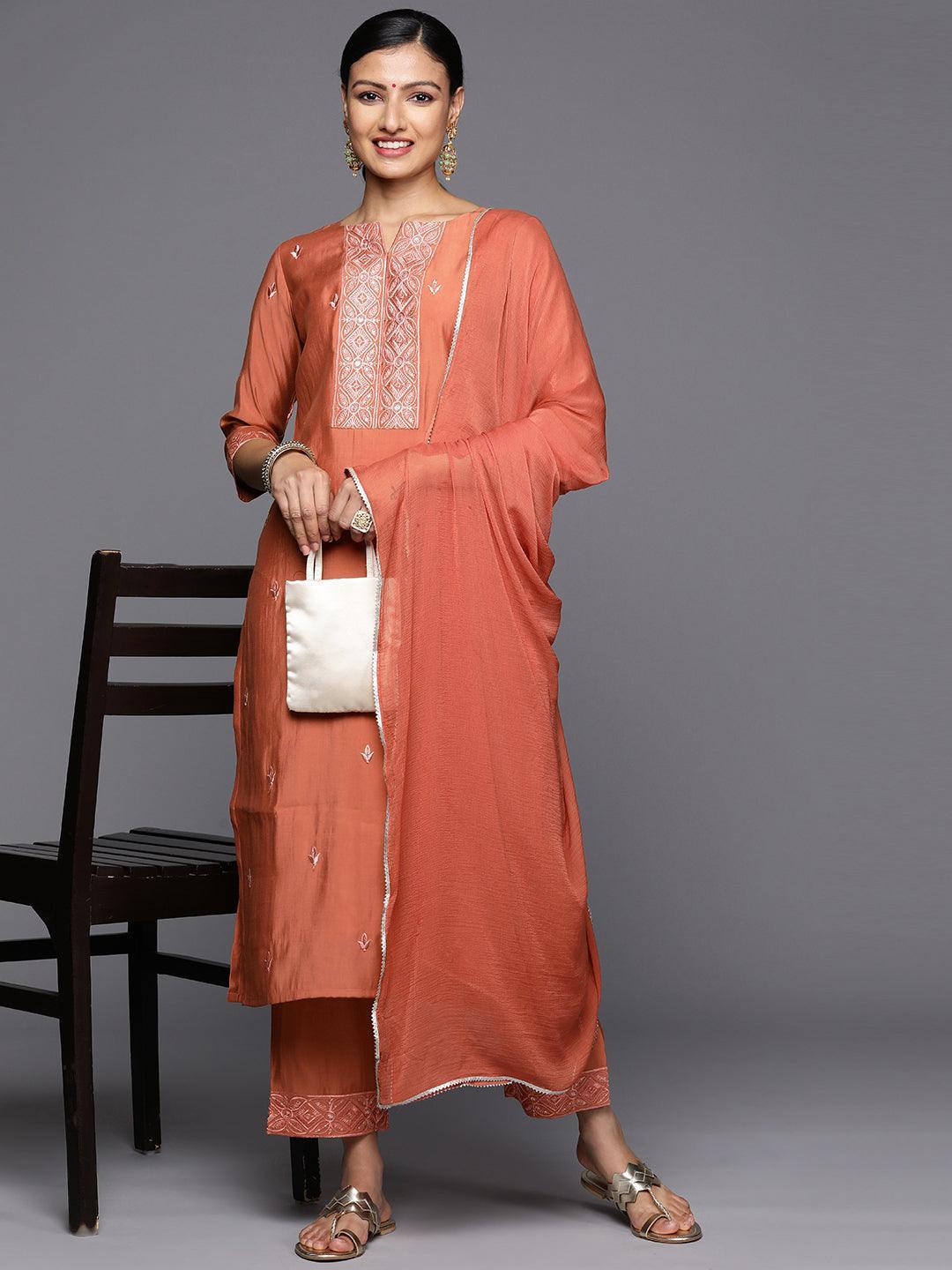 Rust Printed Silk Blend Straight Kurta With Trousers & Dupatta