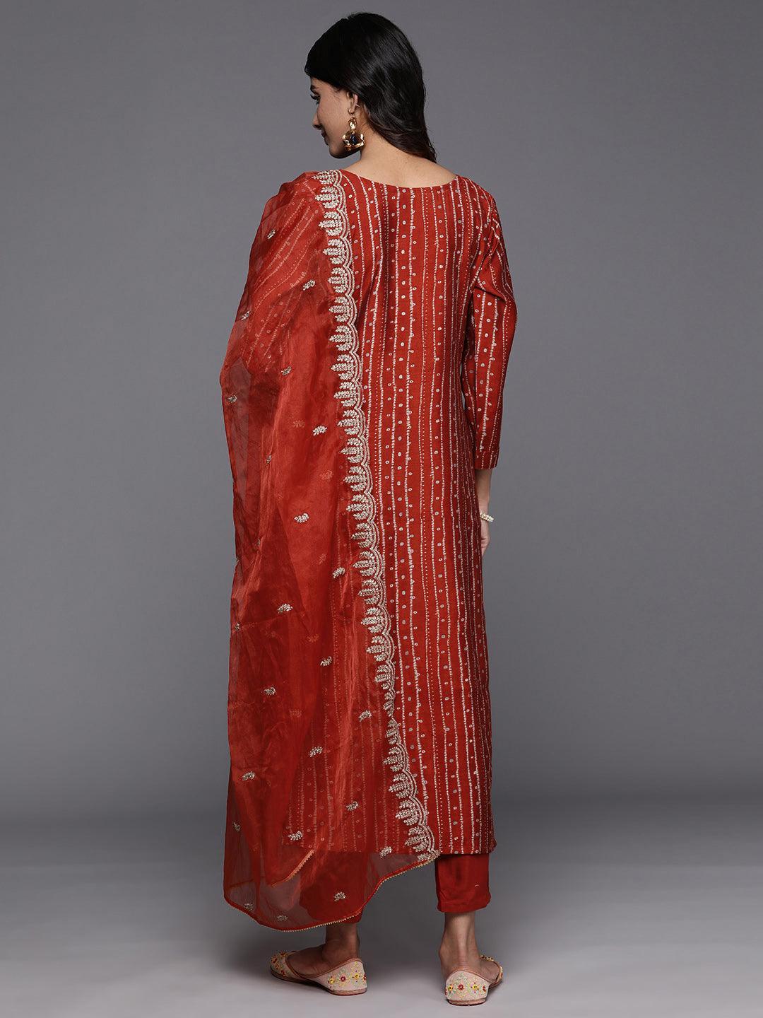 Rust Printed Silk Blend Straight Kurta With Trousers & Dupatta