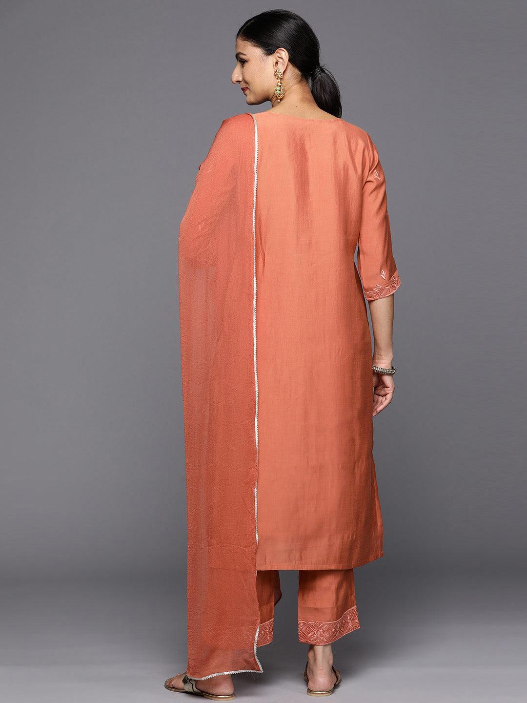 Rust Printed Silk Blend Straight Kurta With Trousers & Dupatta