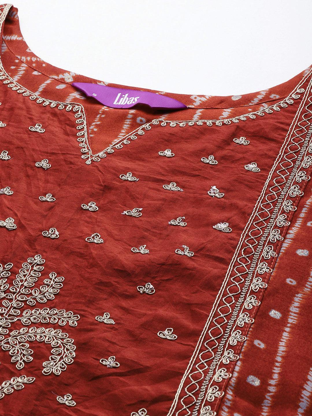 Rust Printed Silk Blend Straight Kurta With Trousers & Dupatta