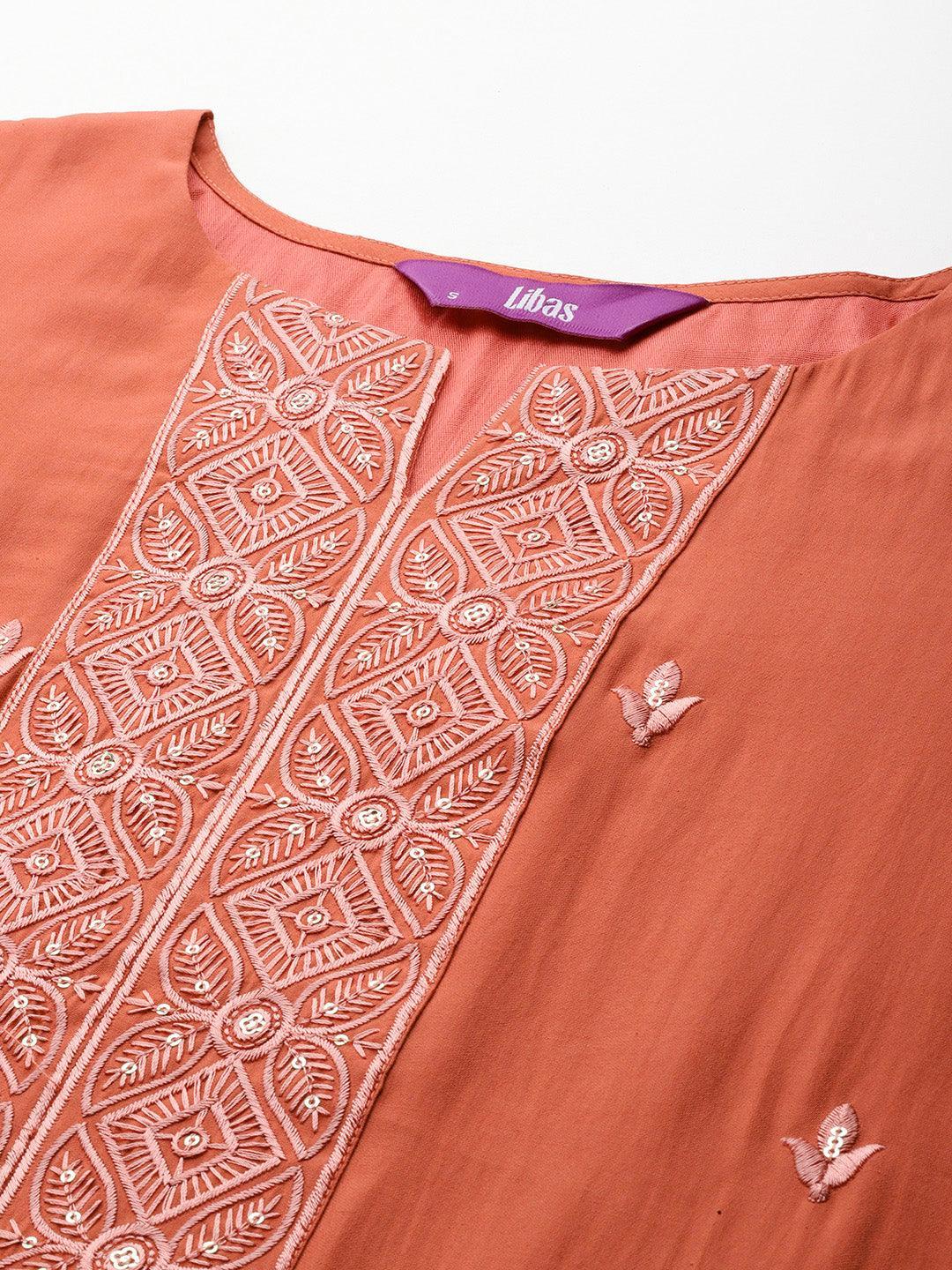 Rust Printed Silk Blend Straight Kurta With Trousers & Dupatta