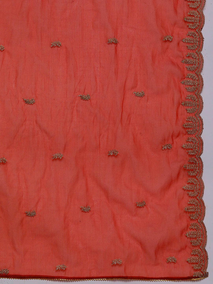 Rust Printed Silk Blend Straight Kurta With Trousers & Dupatta - Libas