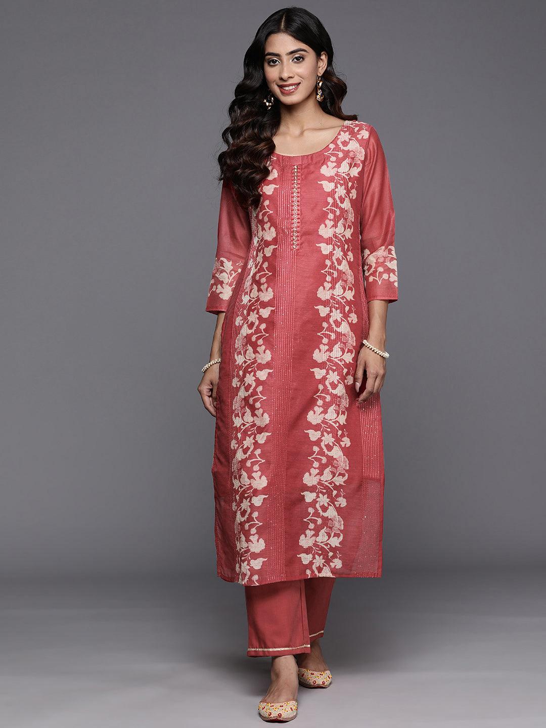 Rust Printed Silk Blend Straight Kurta With Trousers - Libas