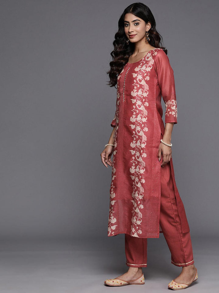 Rust Printed Silk Blend Straight Kurta With Trousers - Libas