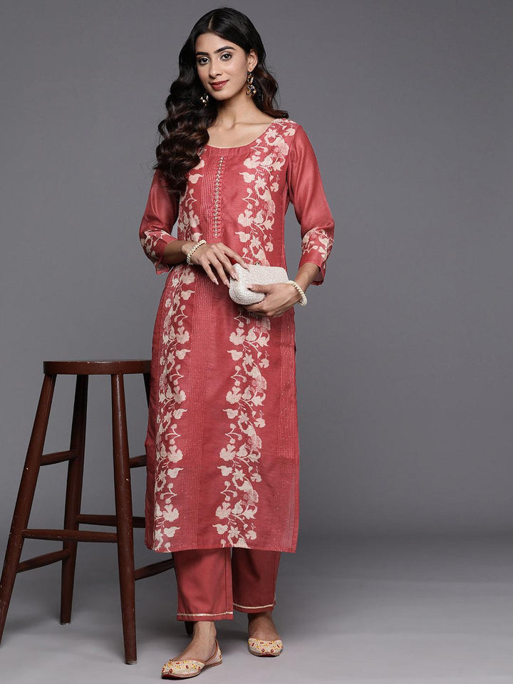 Rust Printed Silk Blend Straight Kurta With Trousers - Libas